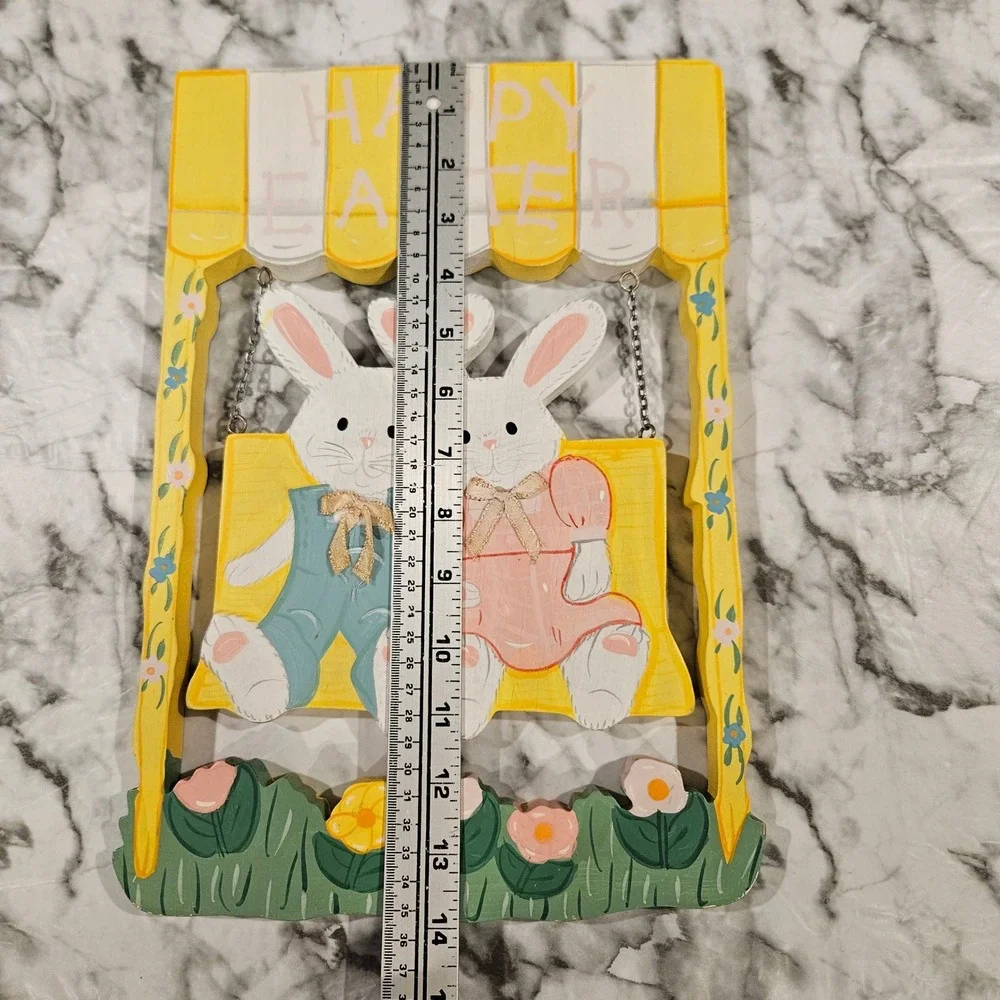 Vintage Happy Easter Wooden Bunny Swing Decor Sign‎ yellow pink studio 11 unique